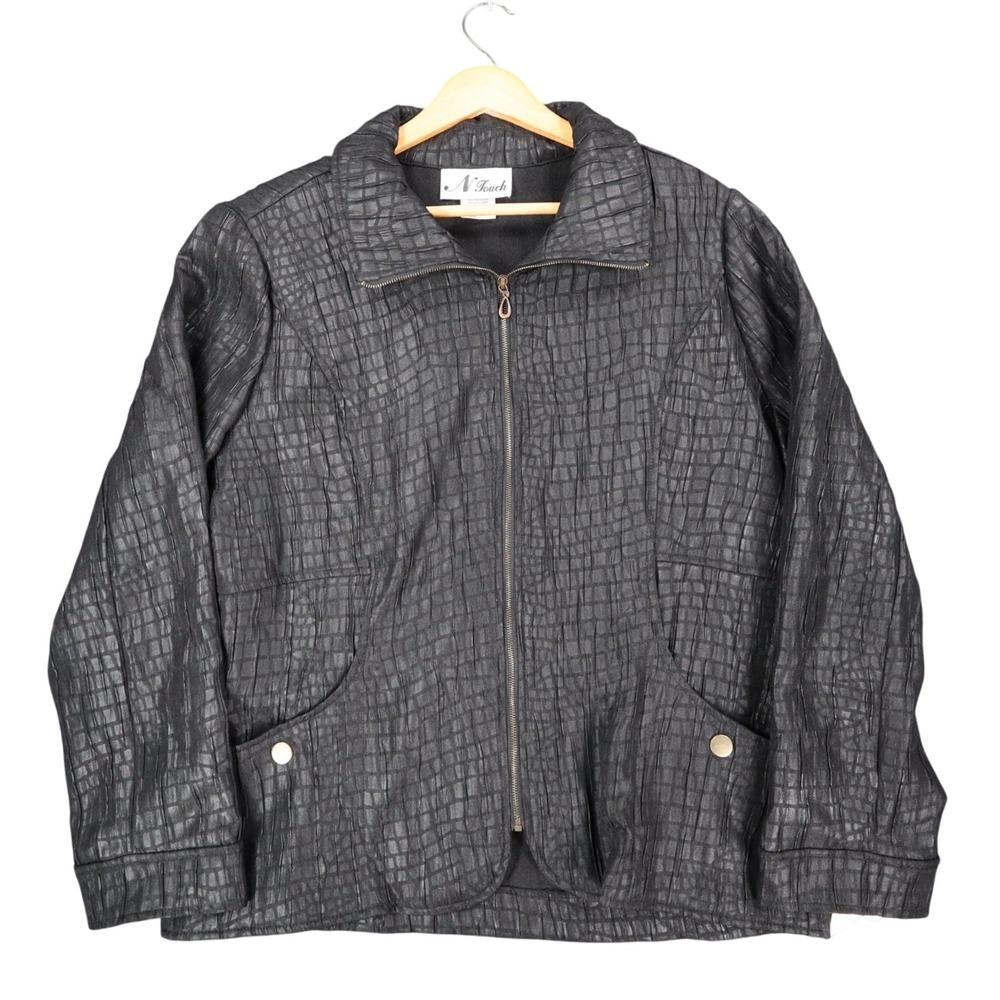 N Touch Zip Up Jacket Womens 14 Black Textured Crinkle Mock Neck New NWT
